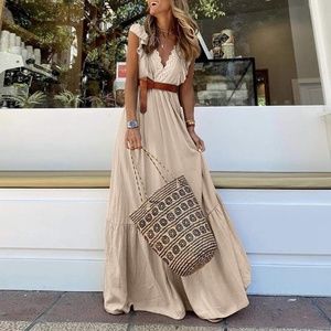 034 Boho V neck Ruffle Sleeve Solid Maxi Dress